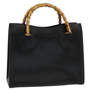 GUCCI Bamboo Hand Bag Leather Black Gold 002 002